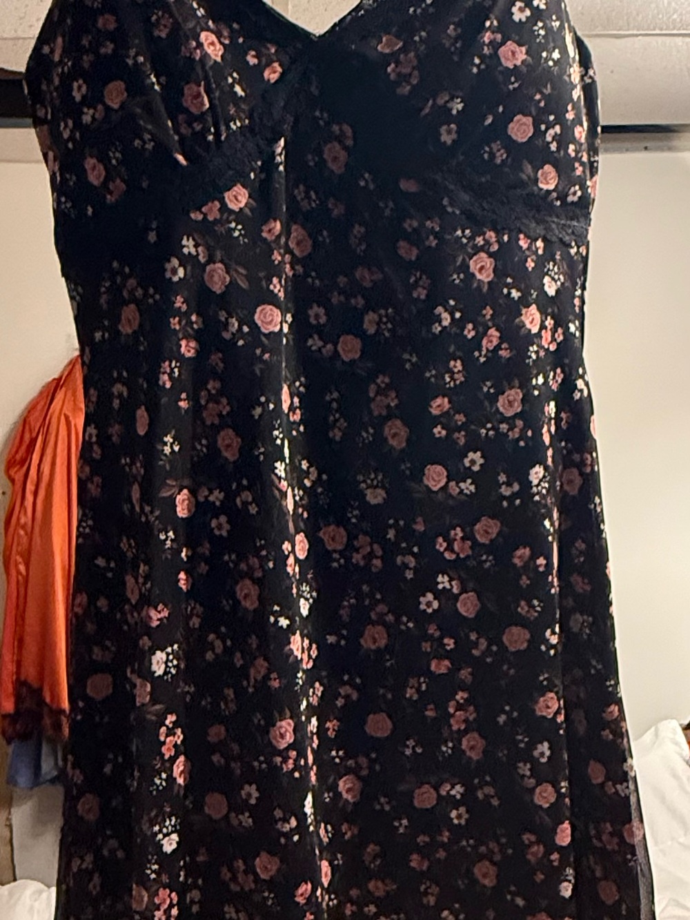 Black Floral Slip Dress with Pink Rose Print